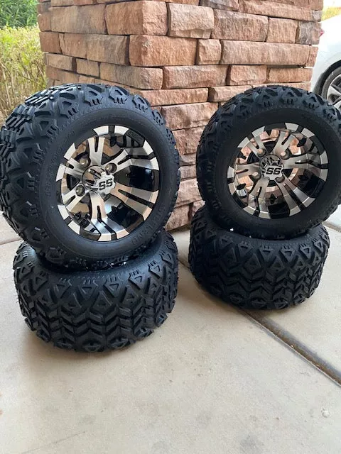 10” VAMPIRE MACHINED BLACK GOLF CART WHEELS AND ALL TERRAIN TIRES