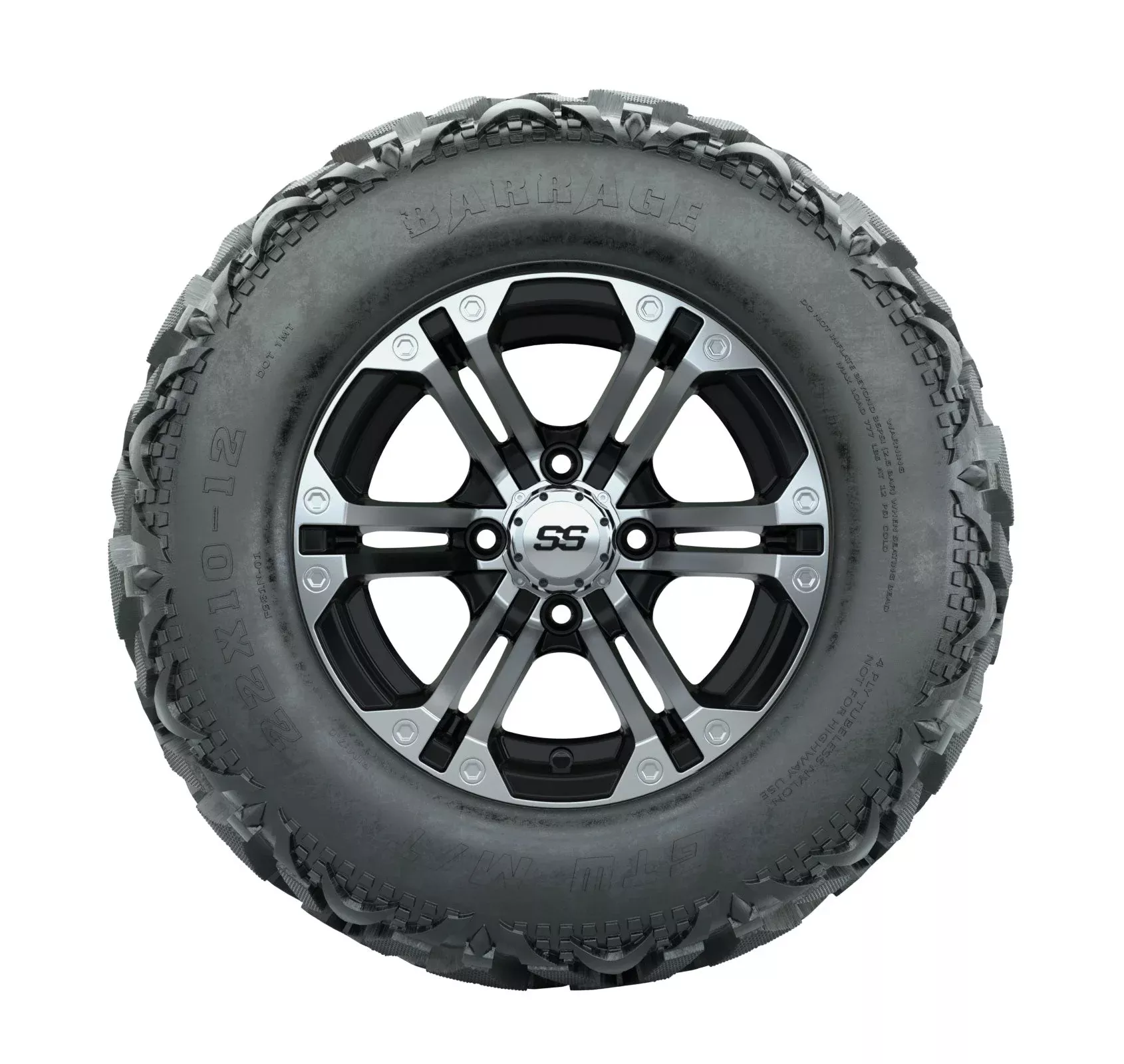 12" GTW Specter Black and Machined Wheels with 23" Barrage Mud Tires Set of 4
