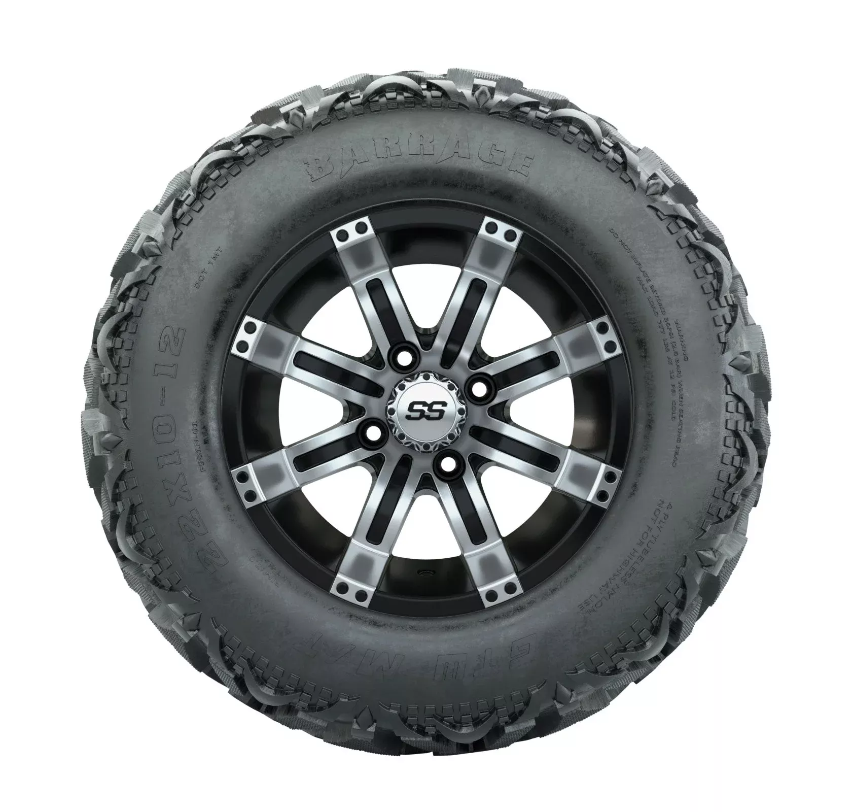 12" GTW Tempest Black and Machined Wheels with 23" Barrage Mud Tires Set of 4