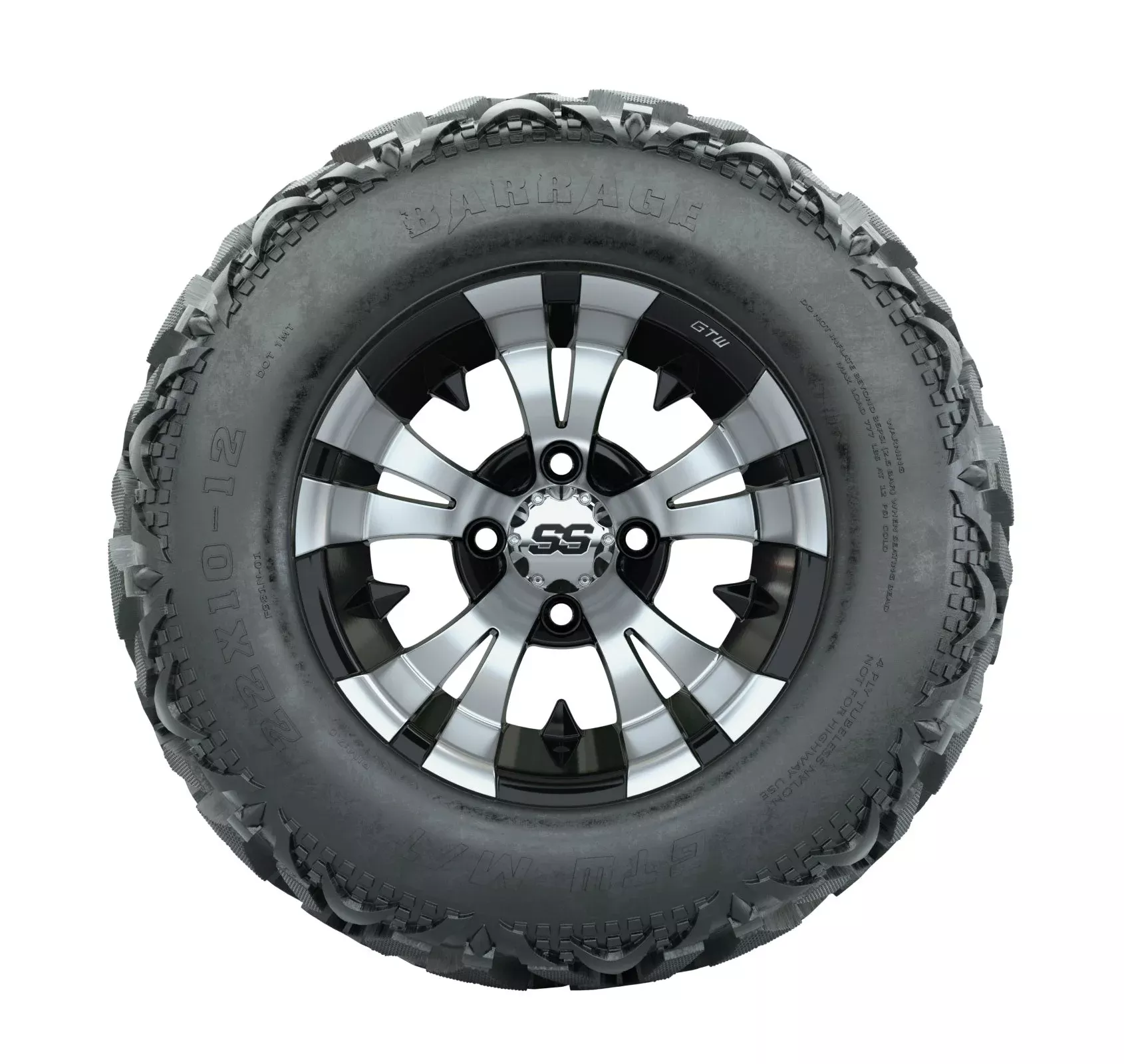 12" GTW Vampire Black and Machined Wheels with 23" Barrage Mud Tires Set of 4