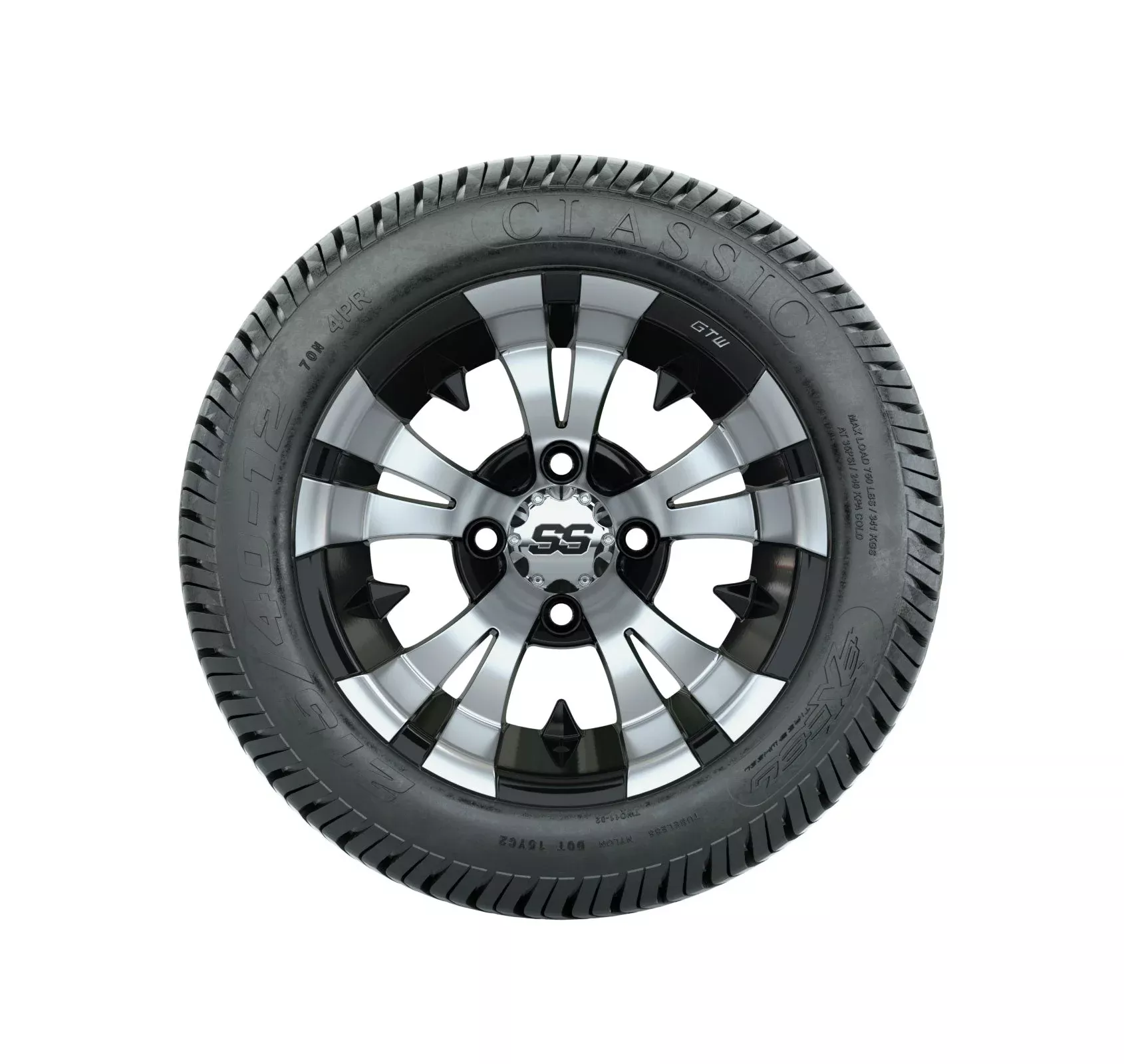12" GTW Vampire Black and Machined Wheels with Excel Lo-Pro Street Tires Set of 4