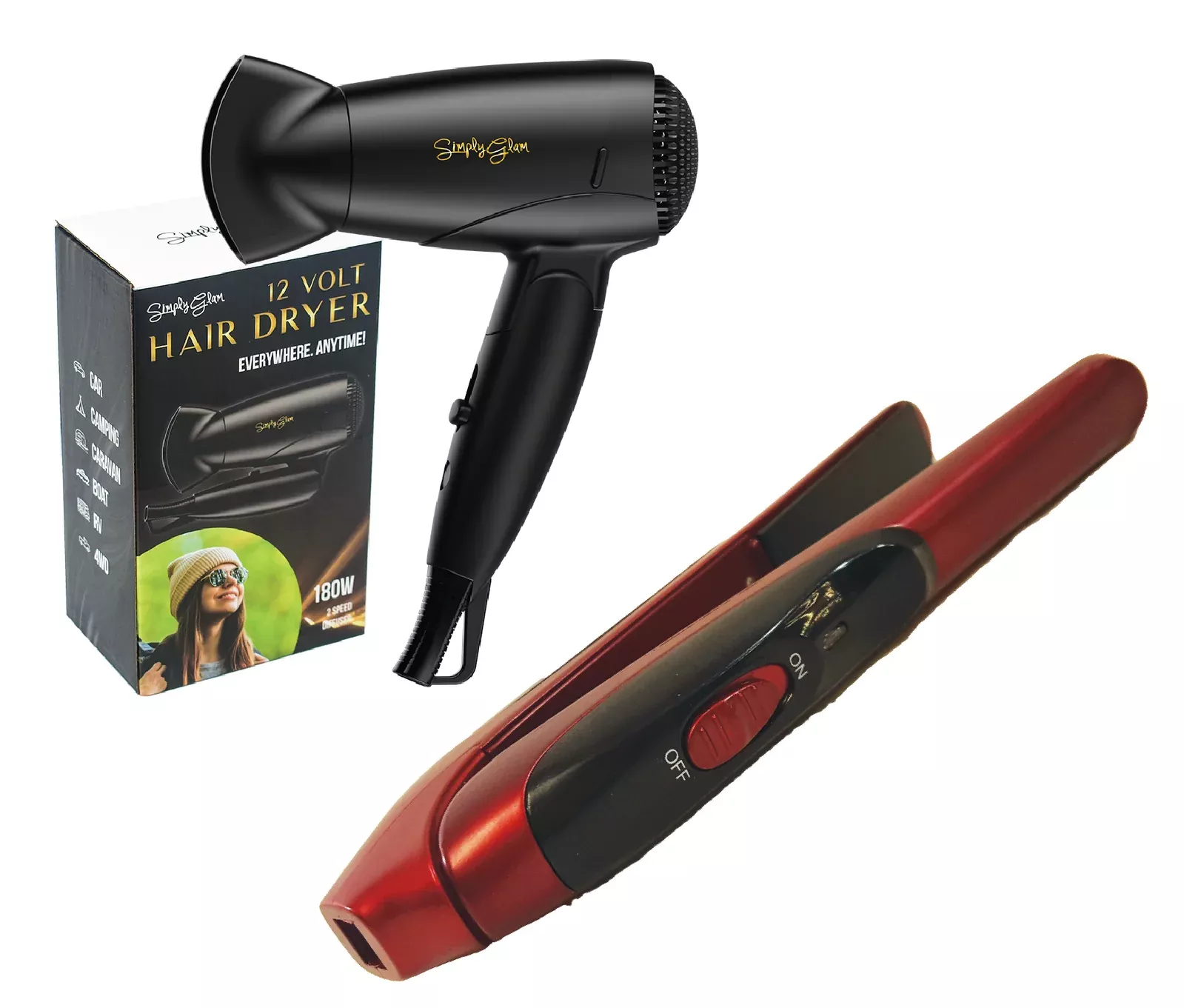 12V Pack Portable Hair Dryer & Straightener Black/Rose Gold