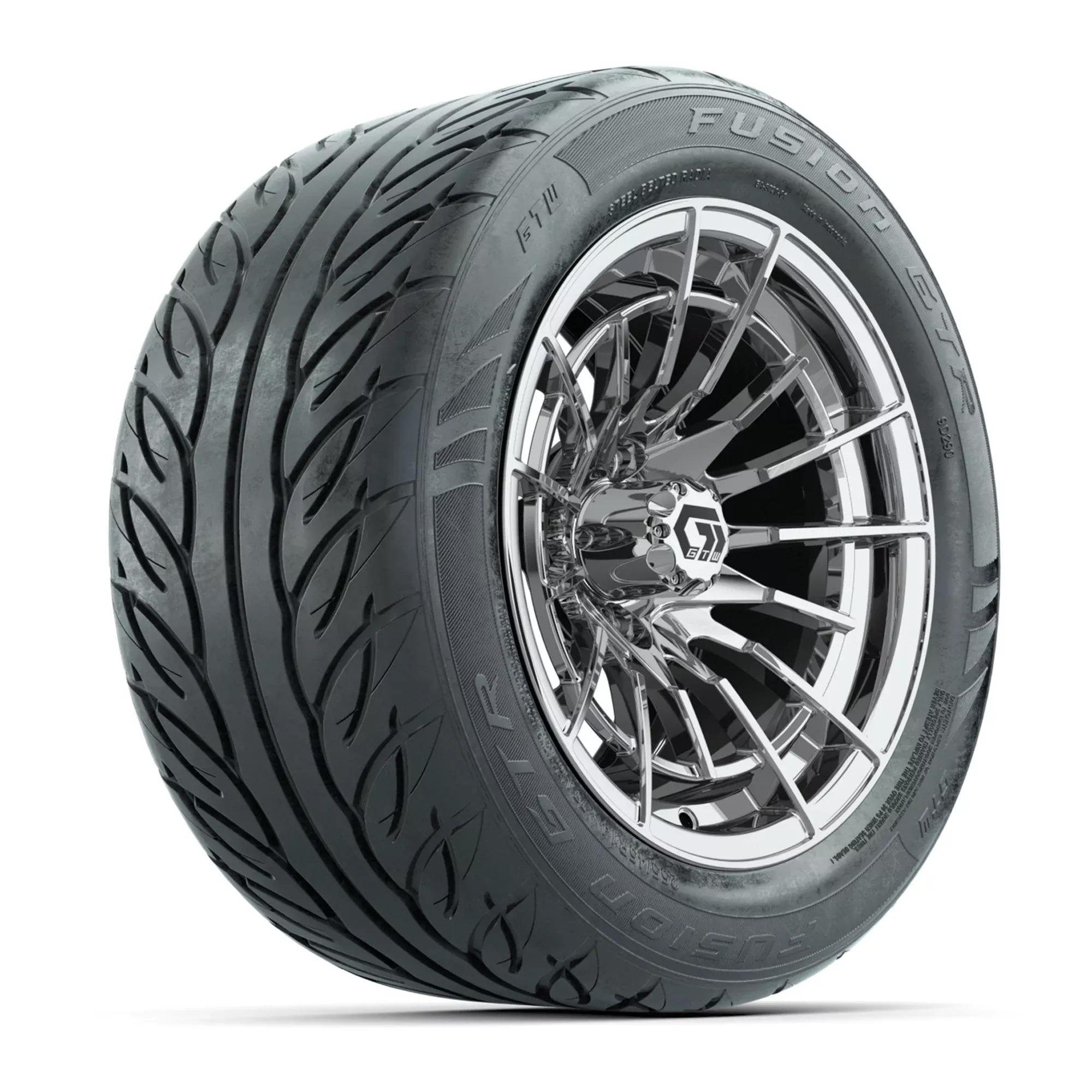 14" GTW Boost Chrome Golf Cart Wheels & 255/45-R14 Fusion GTR Radial Street Tires (Set of 4)