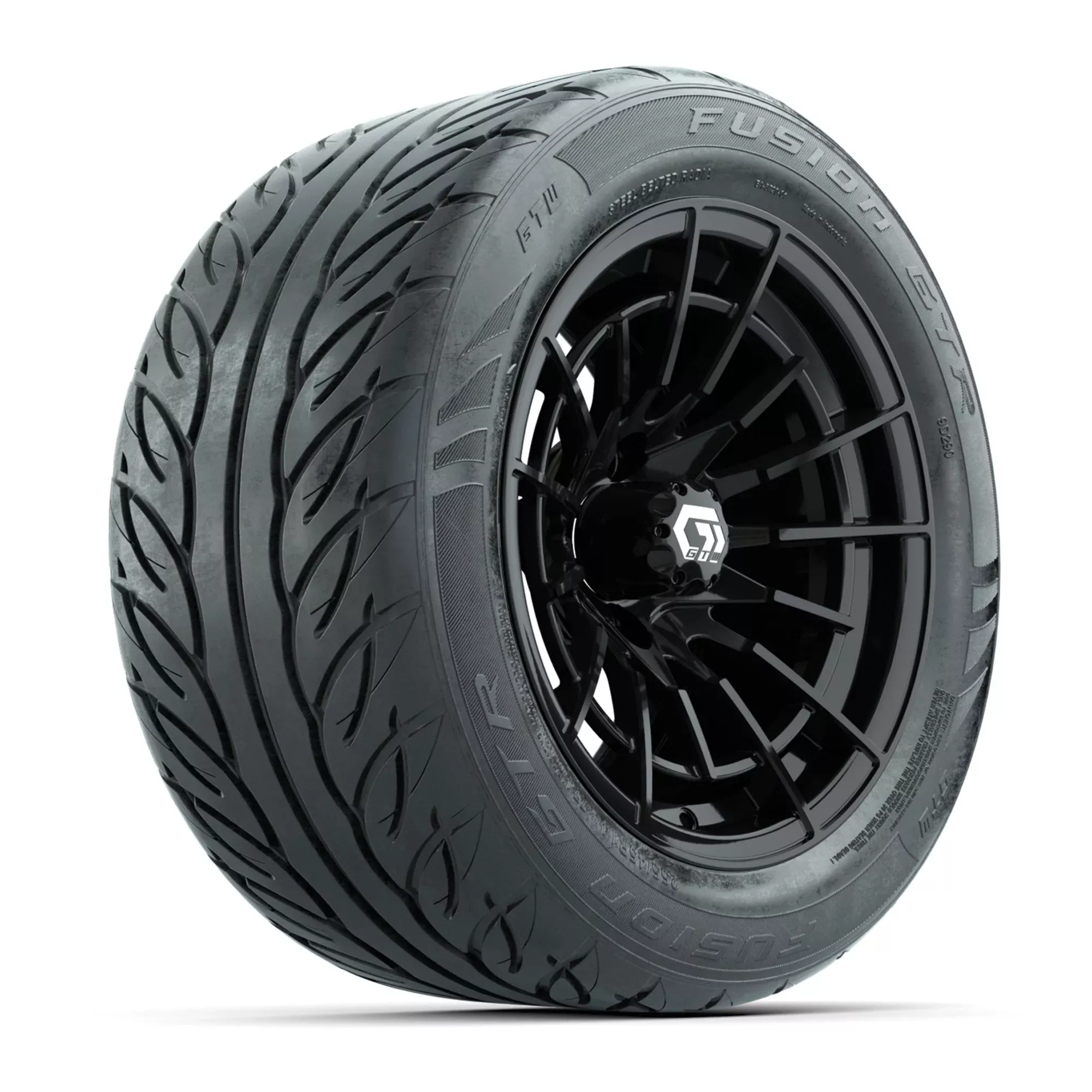 14" GTW Boost Gloss Black Golf Cart Wheels & 255/45-R14 Fusion GTR Radial Street Tires (Set of 4)
