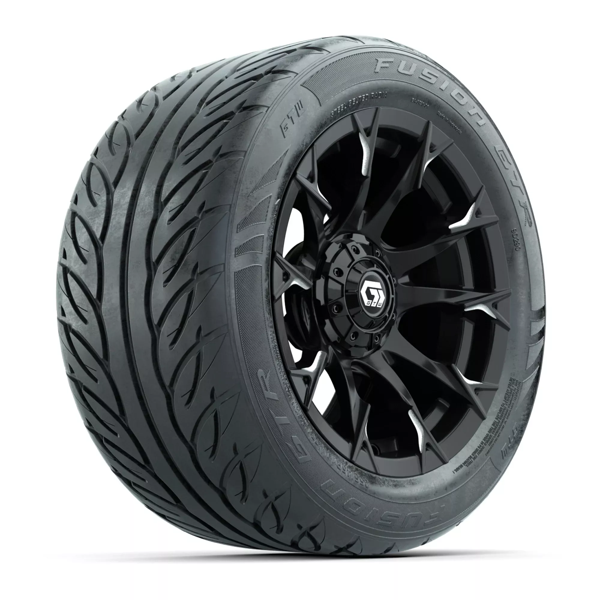 14" GTW Diablo Gloss Black/Machined Golf Cart Wheels & 255/45-R14 Fusion GTR Radial Street Tires (Set of 4)