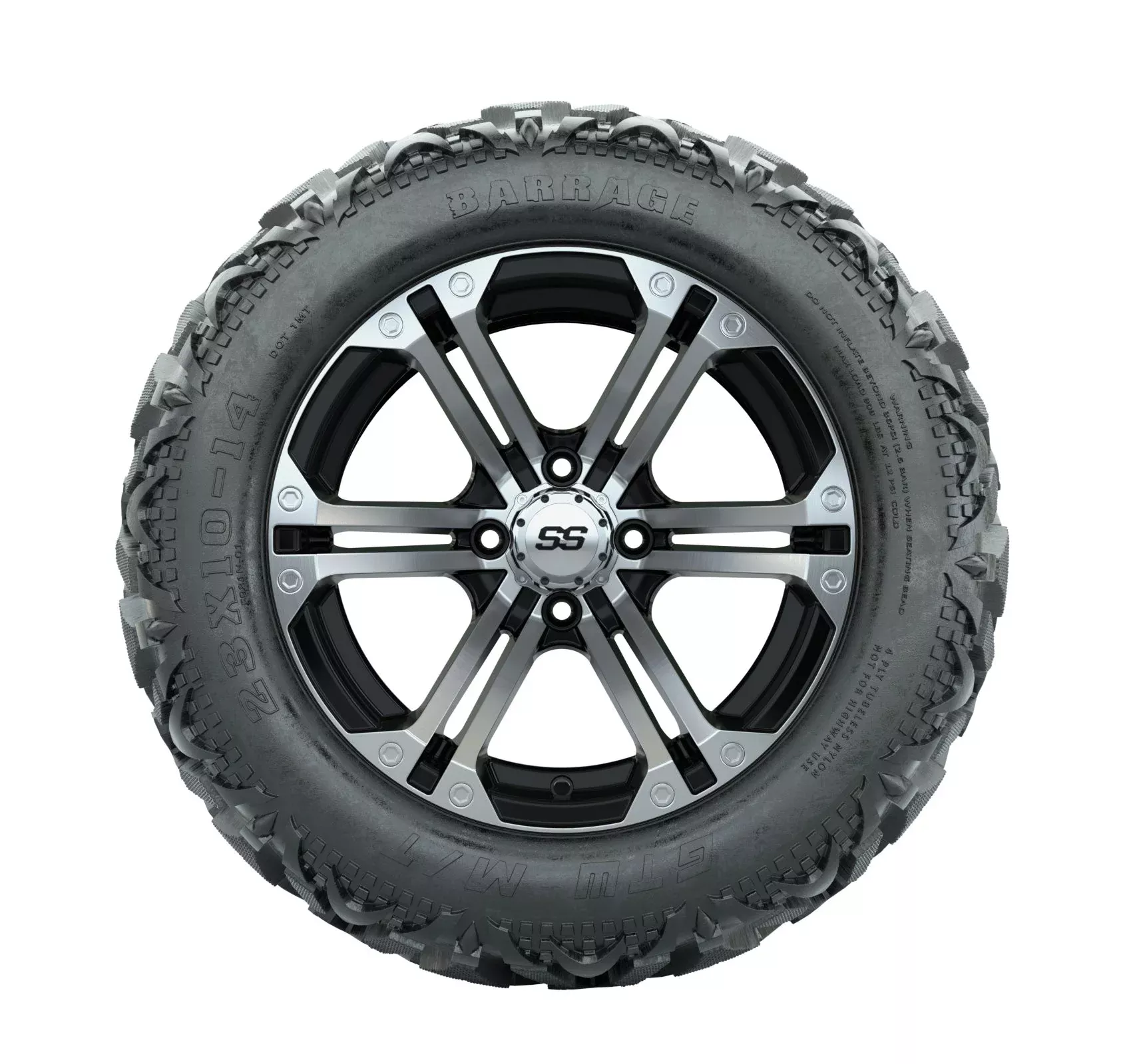 14" GTW Specter Black and Machined Wheels with 23" Barrage Mud Tires Set of 4