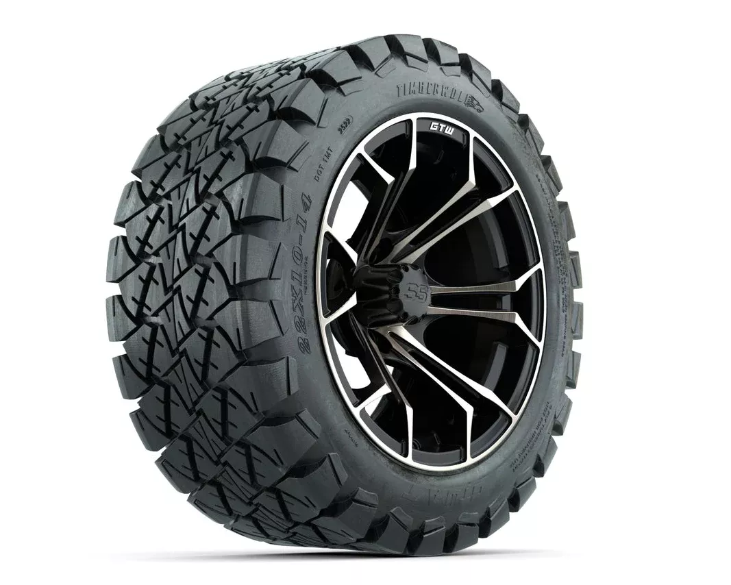 14" GTW Spyder Matte Black & Bronze Golf Cart Wheels & 22x10-14 Timberwolf All-Terrain Tires (Set of 4)
