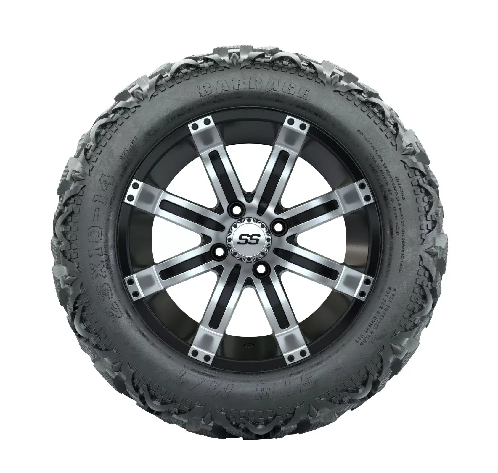 14" GTW Tempest Black and Machined Wheels with 23" Barrage Mud Tires Set of 4