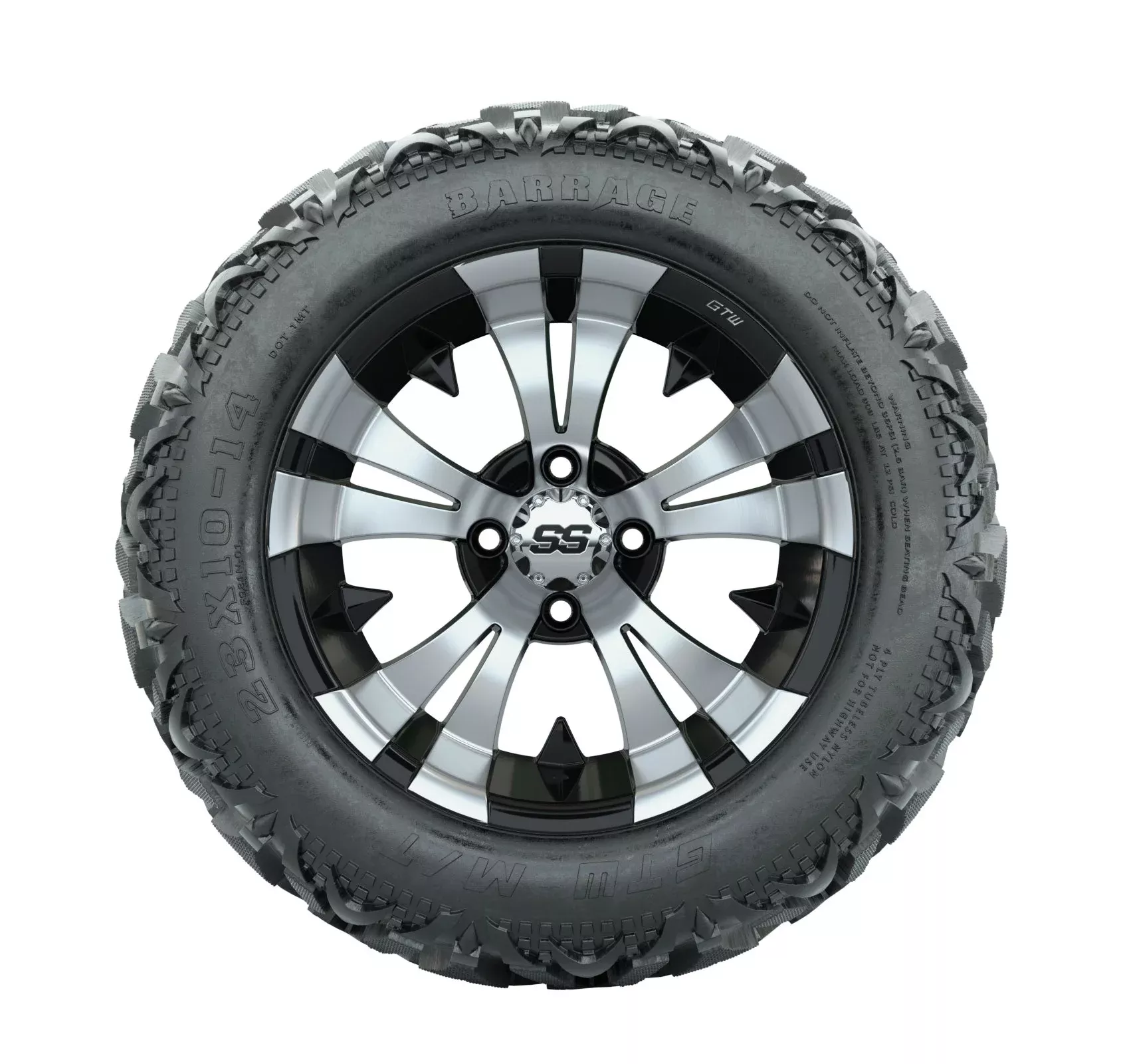 14" GTW Vampire Black and Machined Wheels with 23" Barrage Mud Tires Set of 4