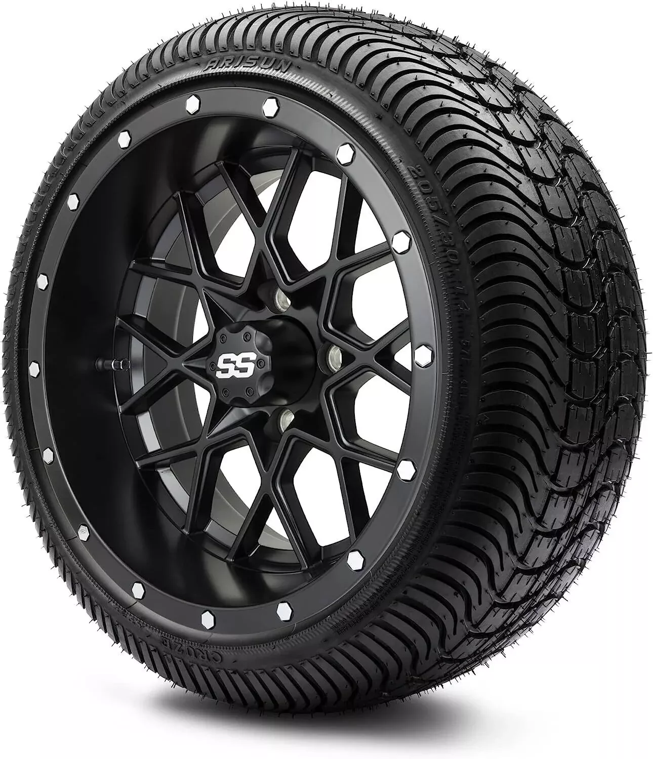 14" GTW Vortex Matte Black Golf Cart Wheels & 205/30-14 Fusion Low-Profile Street Tires (Set of 4)