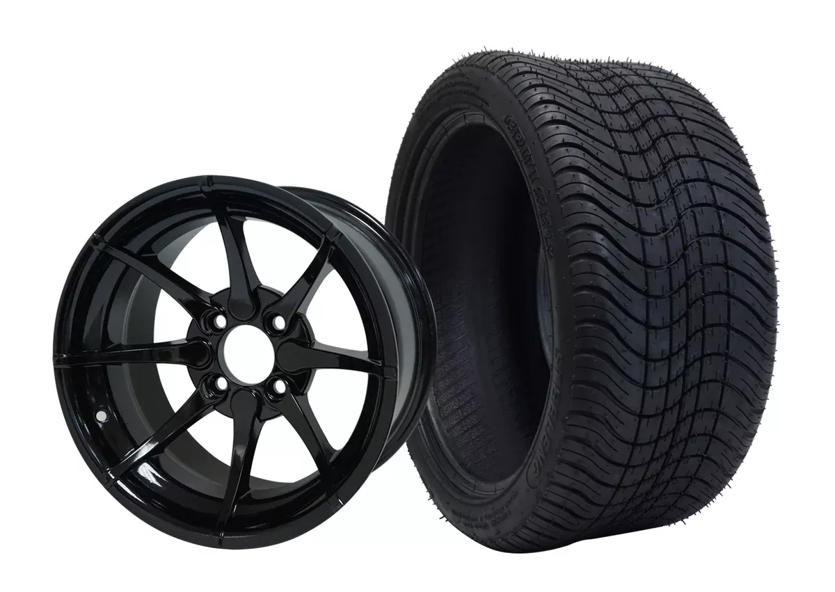 14” HYDRA BLACK GOLF CART WHEELS MOUNTED TO 205/30-14 LOW PROFILE TIRES