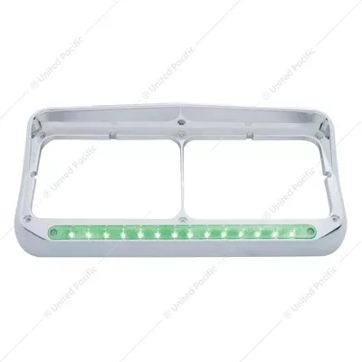 14 LED Chrome Rectangular Dual Headlight Bezel With Visor - Green LED/Clear Lens