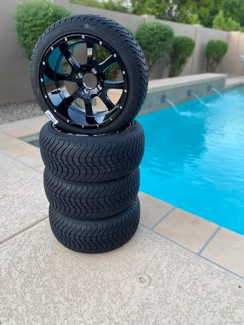 14” Night Stalker Black- GOLF CART WHEELS MOUNTED TO 205/30-14 LOW PROFILE TIRES