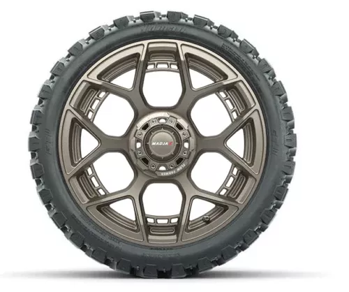15" MadJax Evolution Matte Bronze Flow Form Golf Cart Wheels & 23x10-R15 Nomad All-Terrain Tires (Set of 4)