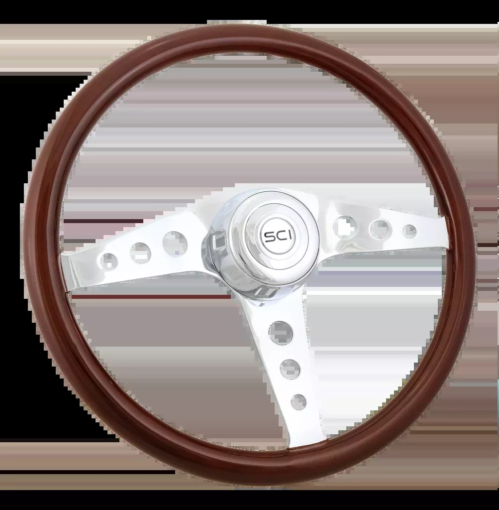 18" Wood Rim Steering Wheel - Chrome 3-Spoke with Bezel & Horn