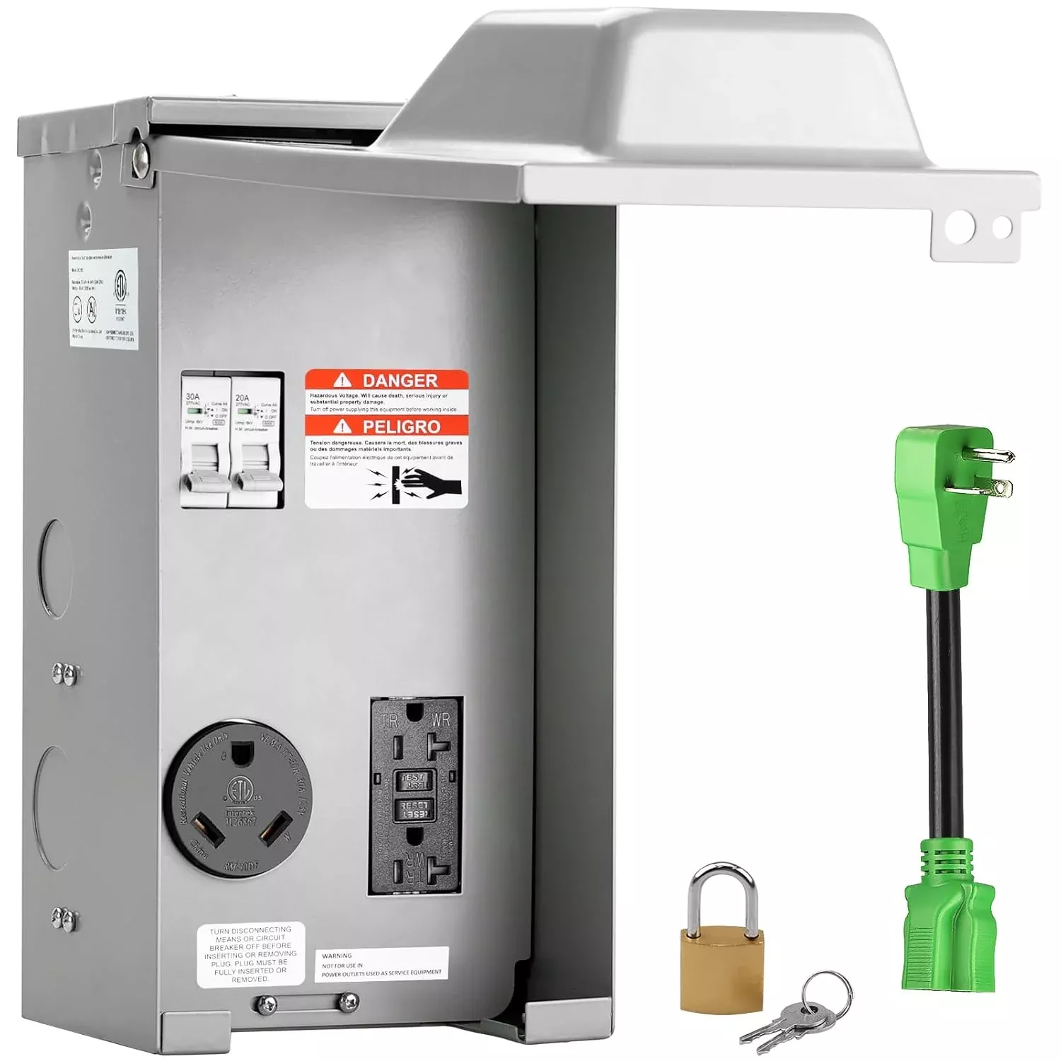 2 Receptacles 20A + 30A RV GFCI Outlet Panel with Breaker & Adapter - TT-30R + GFCI