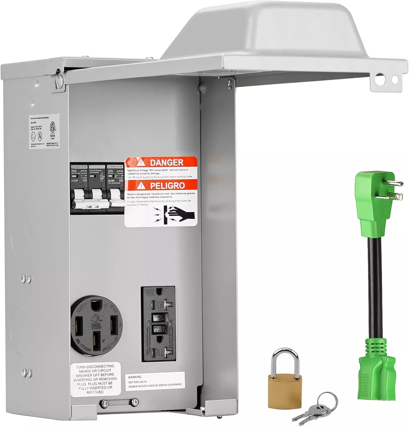 2 Receptacles 20A + 50A RV GFCI Outlet Panel with Breaker & Adapter - 14-50R + GFCI