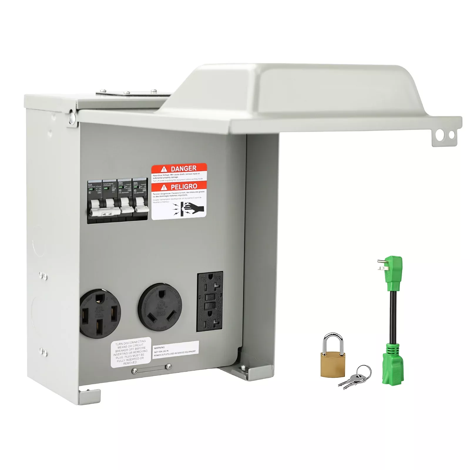 3 Receptacles 20A + 30A + 50A RV GFCI Outlet with Breaker & Adapter - TT-30R + 14-50R + GFCI