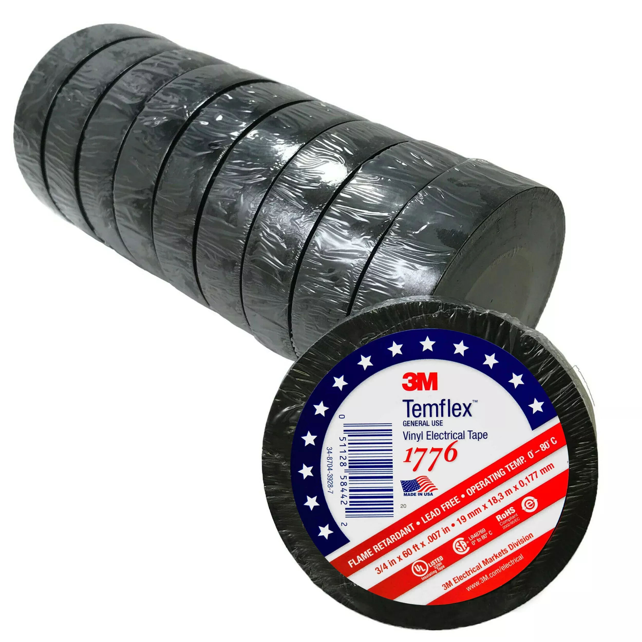3M Temflex 1776 Black Electrical Tape - 3/4" x 60 ft - 10 or 50 Rolls - Made in USA