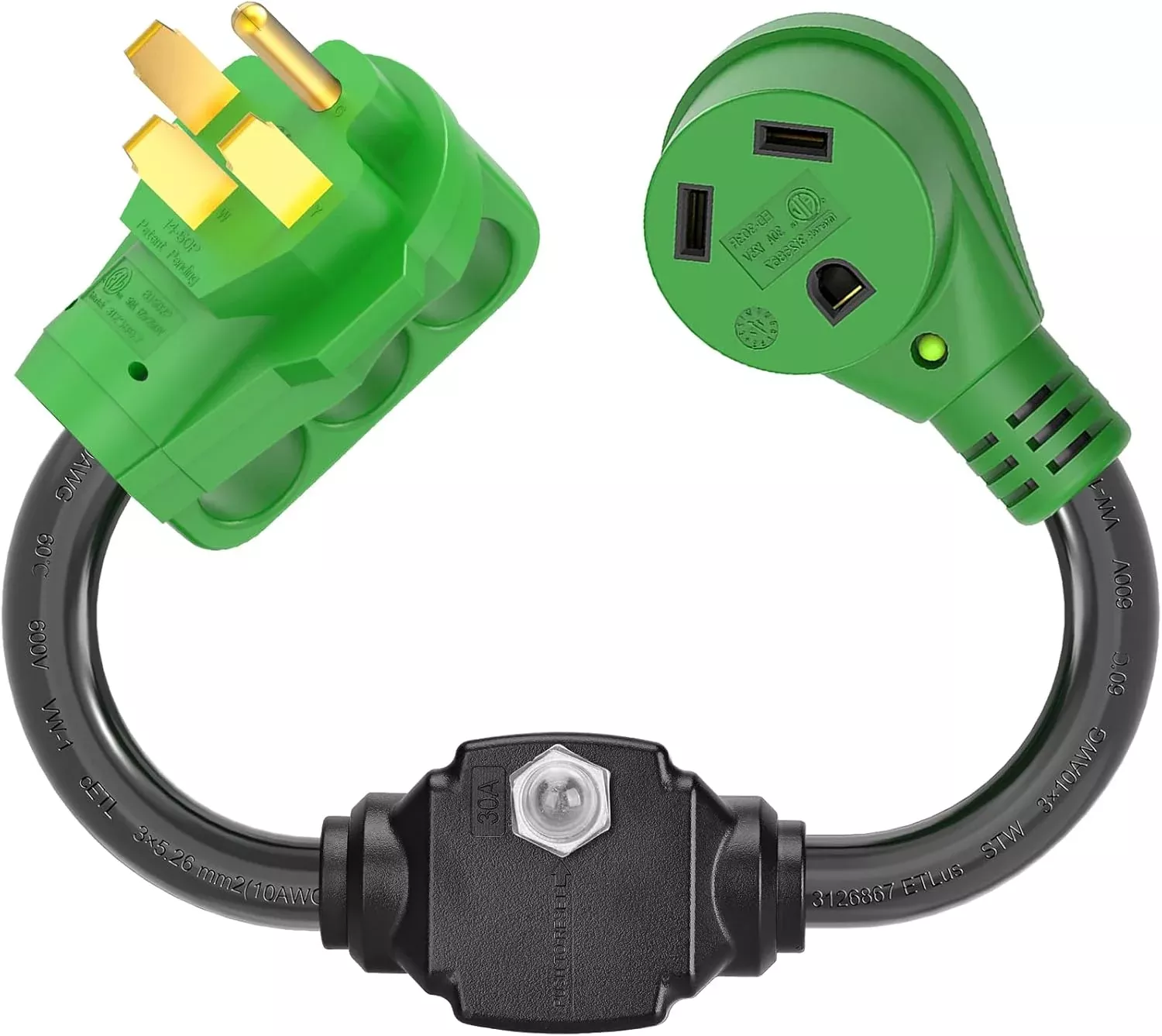 50 Amp to 30 Amp RV Adapter Cord with Overload Protector - 14-50P to TT-30R