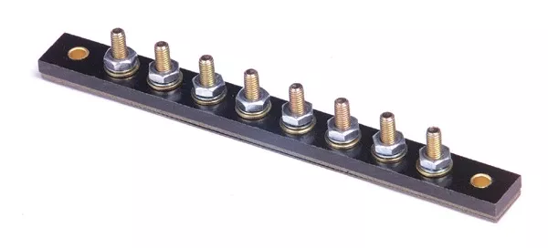 8-Stud Terminal Strips - Stud Type 30 AMP 12V DC #10-32 brass mounted on 5/8" centers