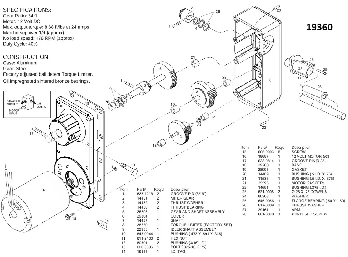 Barker Slide Out Power Head Drive Assembly 19360 Rebuild Kit