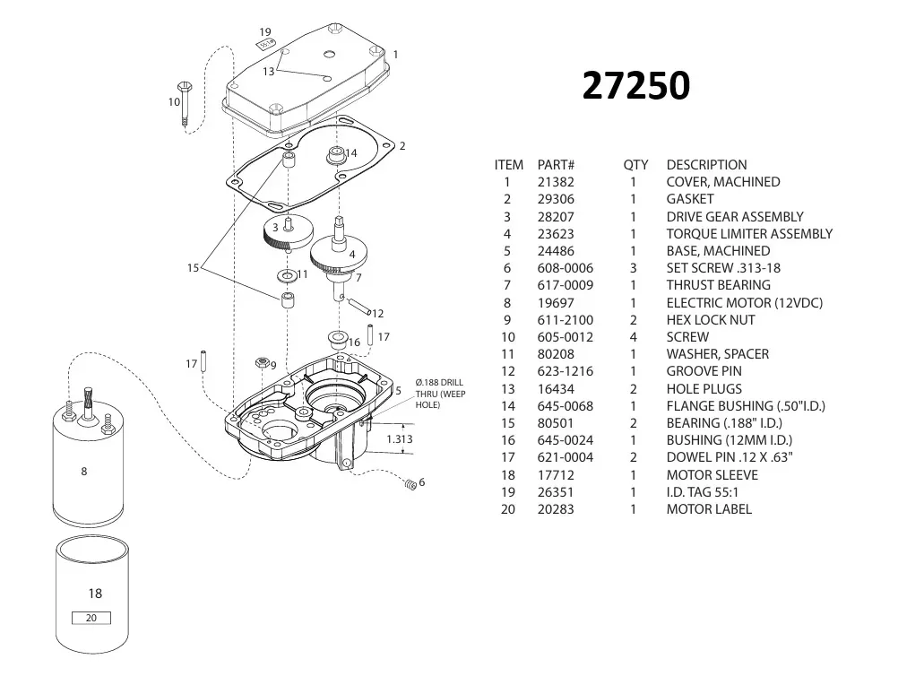Barker Slide Out Power Head Drive Assembly 27250 Rebuild Kit