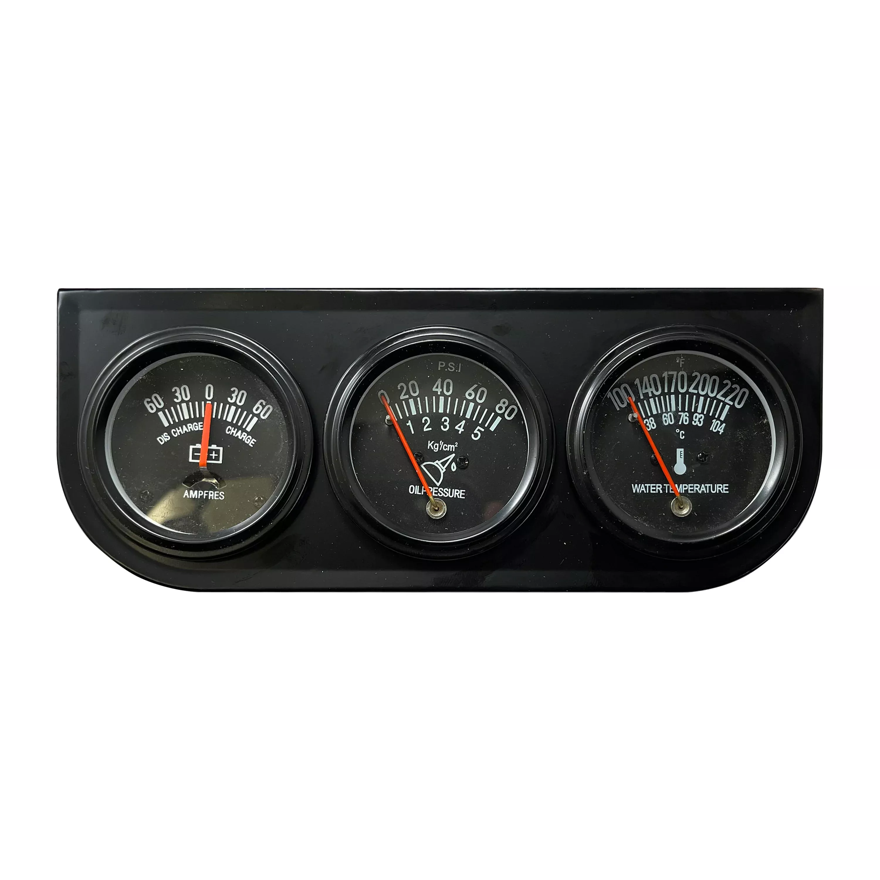 Black 2" Triple Gauge Set - Oil Pressure, Water Temp, Ammeter with Panel & Light Kit