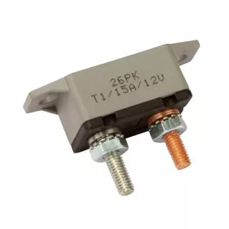 Circuit Breaker 12V 15A, Automatic Reset Type I, Plastic Housing, Straight Bracket, Single Pack