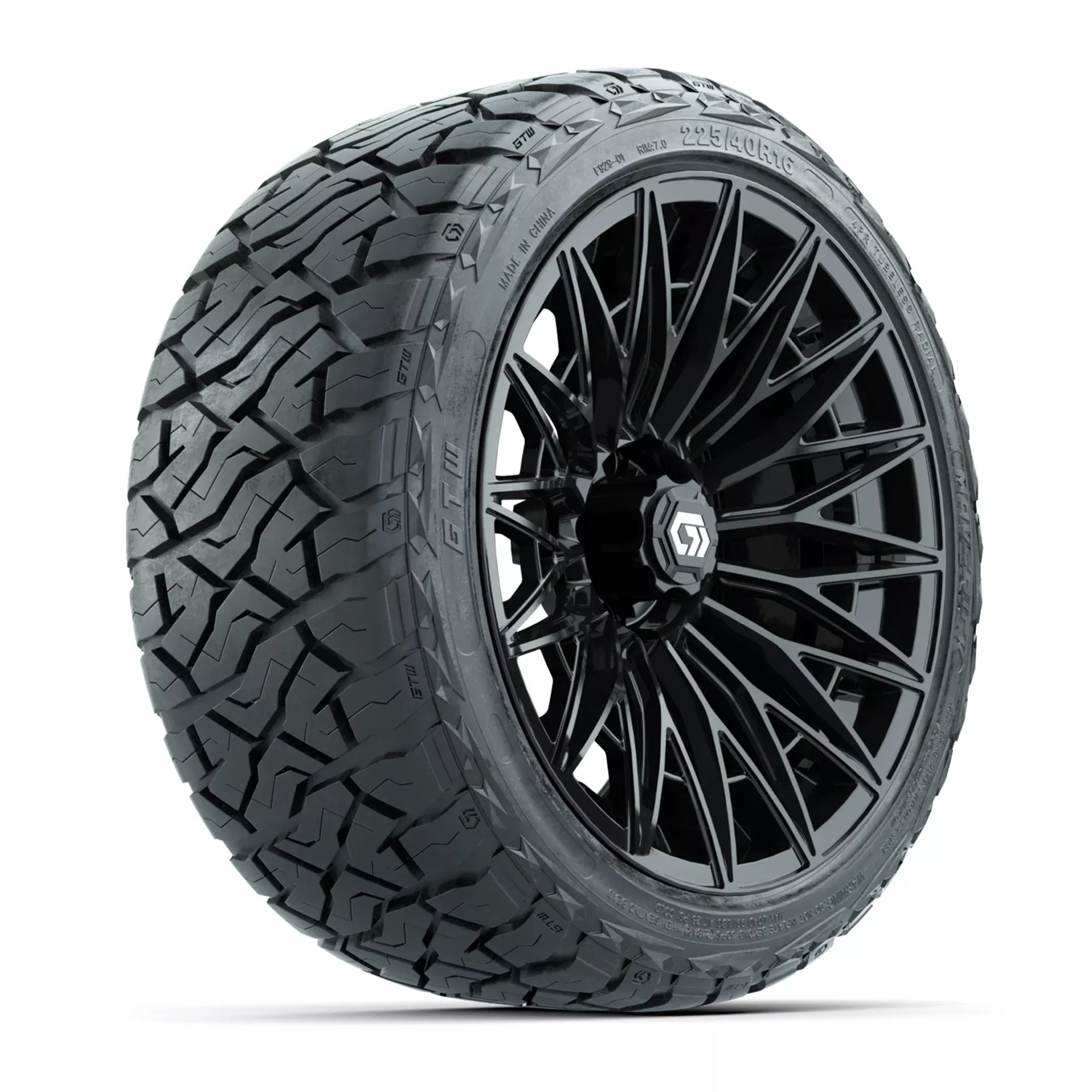 GTW 16" BLUR Gloss Black Golf Cart Wheels & 225/40R16 Maverick All-Terrain Tires