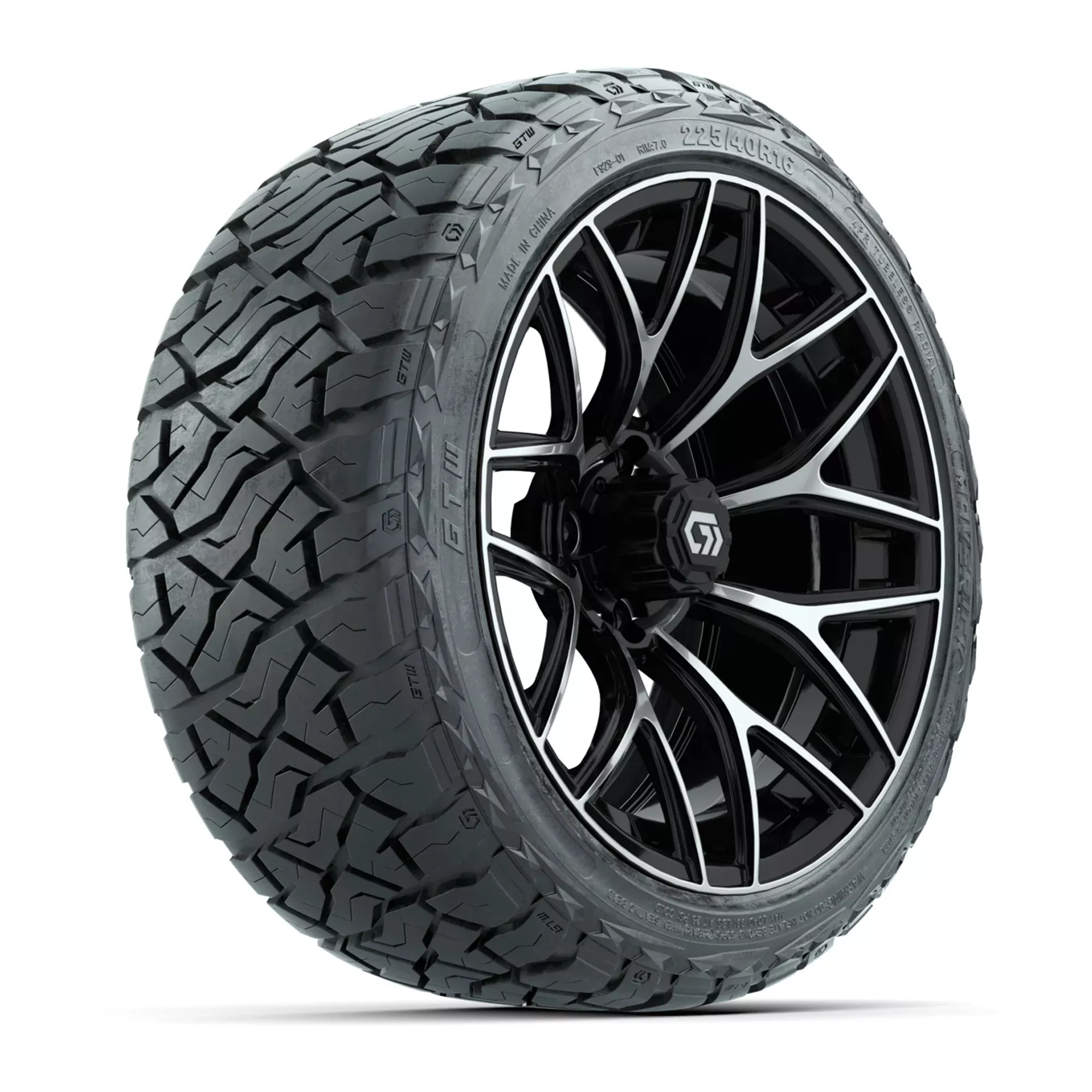 GTW 16" Monaco Black/Machined Golf Cart Wheels & 225/40-R16 Maverick Street Tires