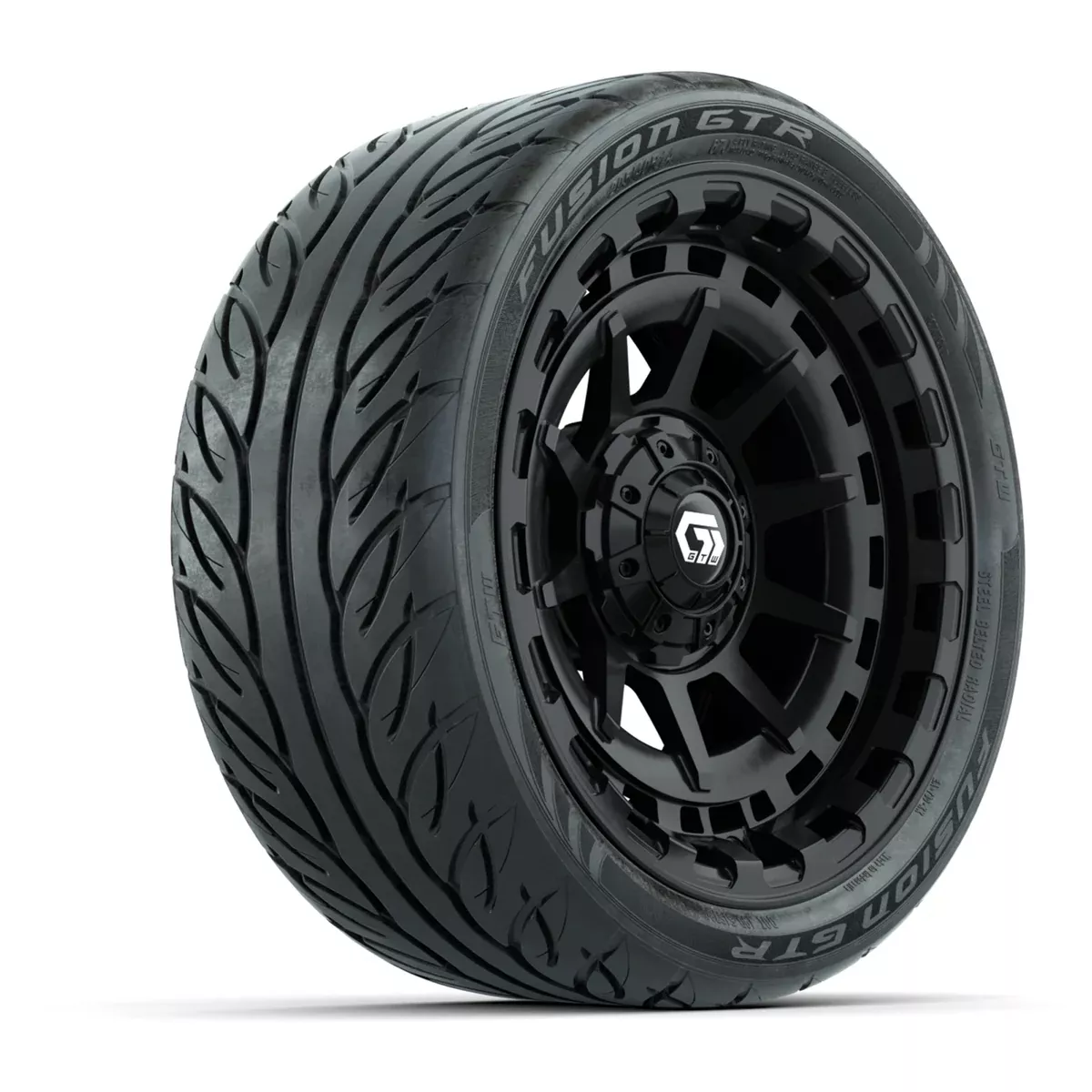 GTW Barricade Gloss Black 14 in Wheels with 205/40-R14 Fusion GTR Steel Belted Street Tires Full Set