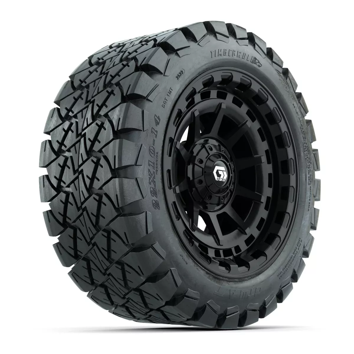GTW Barricade Gloss Black 14 in Wheels with 22x10-14 Timberwolf All-Terrain Tires Full Set