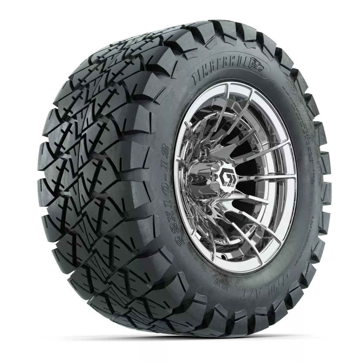 GTW Boost Chrome 12 in Wheels with 22x10-12 Timberwolf All-Terrain Tires Full Set