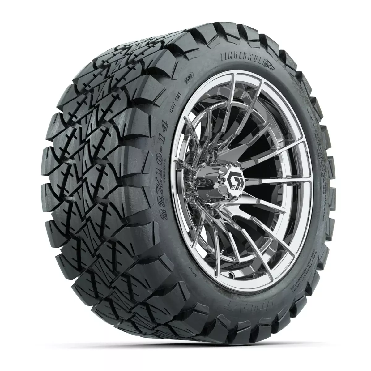 GTW Boost Chrome 14 in Wheels with 22x10-14 Timberwolf All-Terrain Tires Full Set