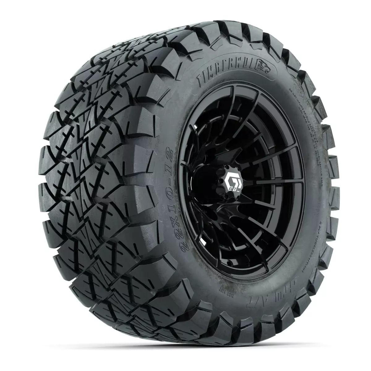 GTW Boost Gloss Black 12 in Wheels with 22x10-12 Timberwolf All-Terrain Tires Full Set