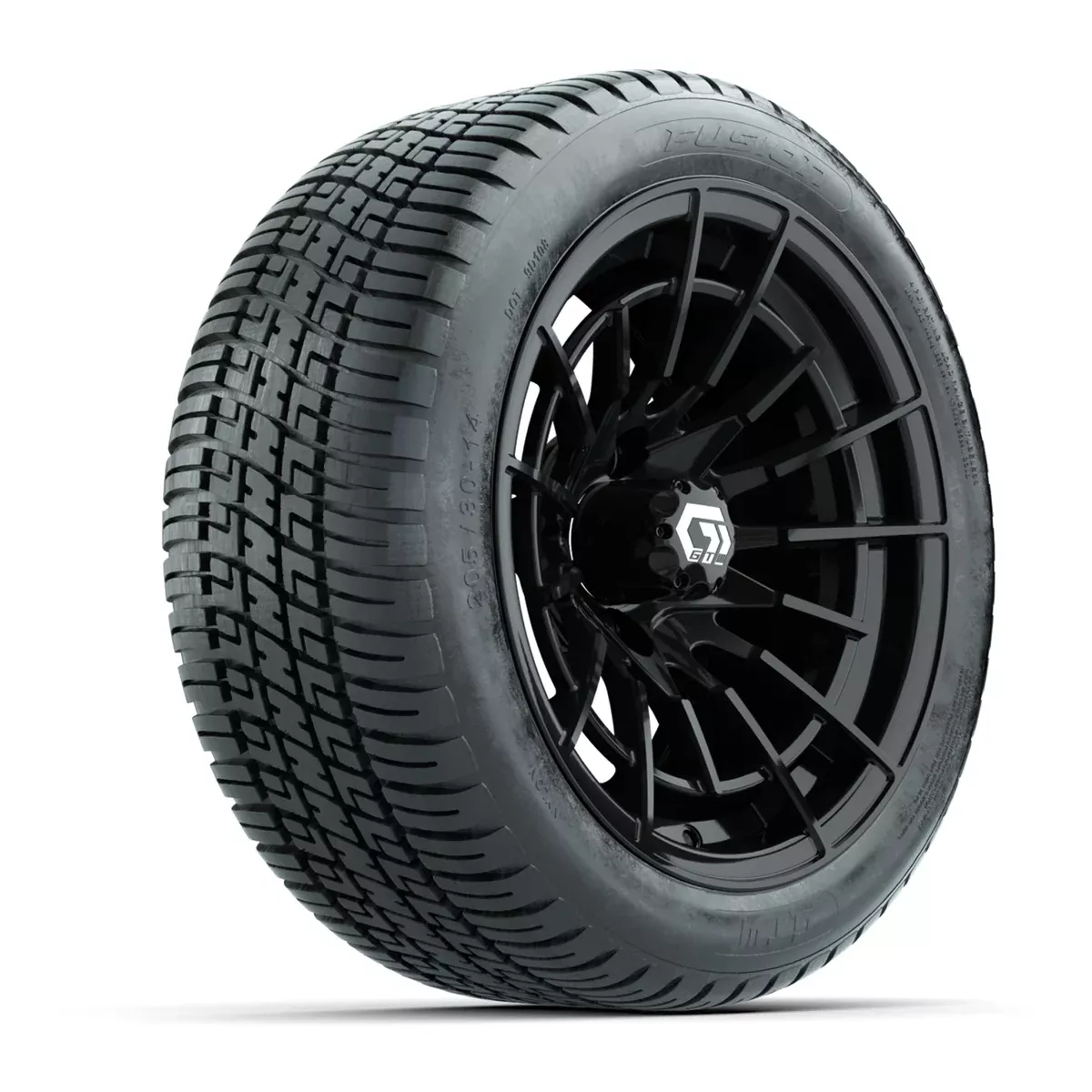 GTW Boost Gloss Black 14 in Wheels with 205/30-14 Fusion Street Tires Full Set