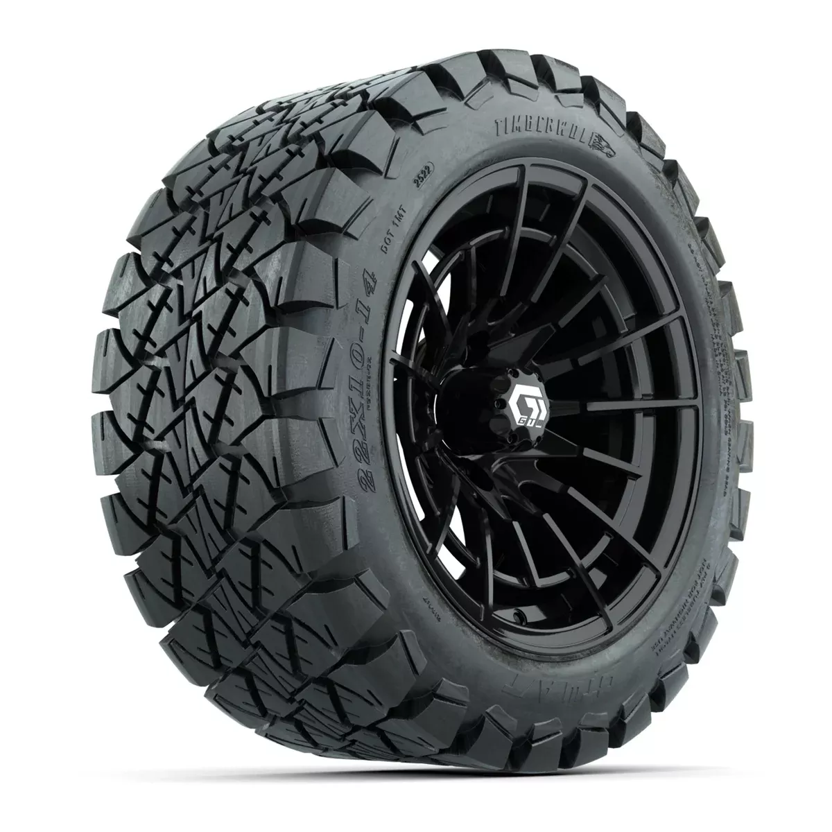 GTW Boost Gloss Black 14 in Wheels with 22x10-14 Timberwolf All-Terrain Tires Full Set
