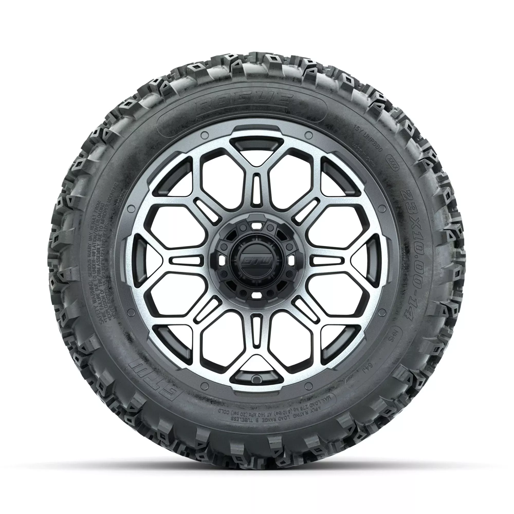 GTW Bravo Machined/Matte Grey 14 in Wheels with 23x10.00-14 Rogue All Terrain Tires Full Set