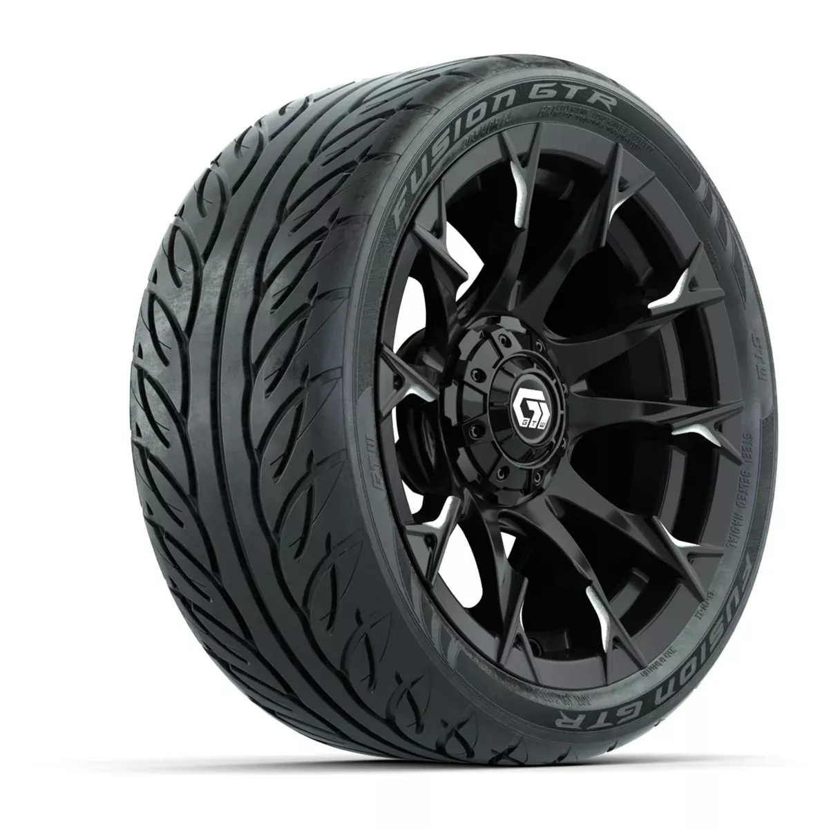 GTW Diablo Gloss Black/Machined 14 in Wheels with 205/40-R14 Fusion GTR Steel Belted Street Tires Full Set