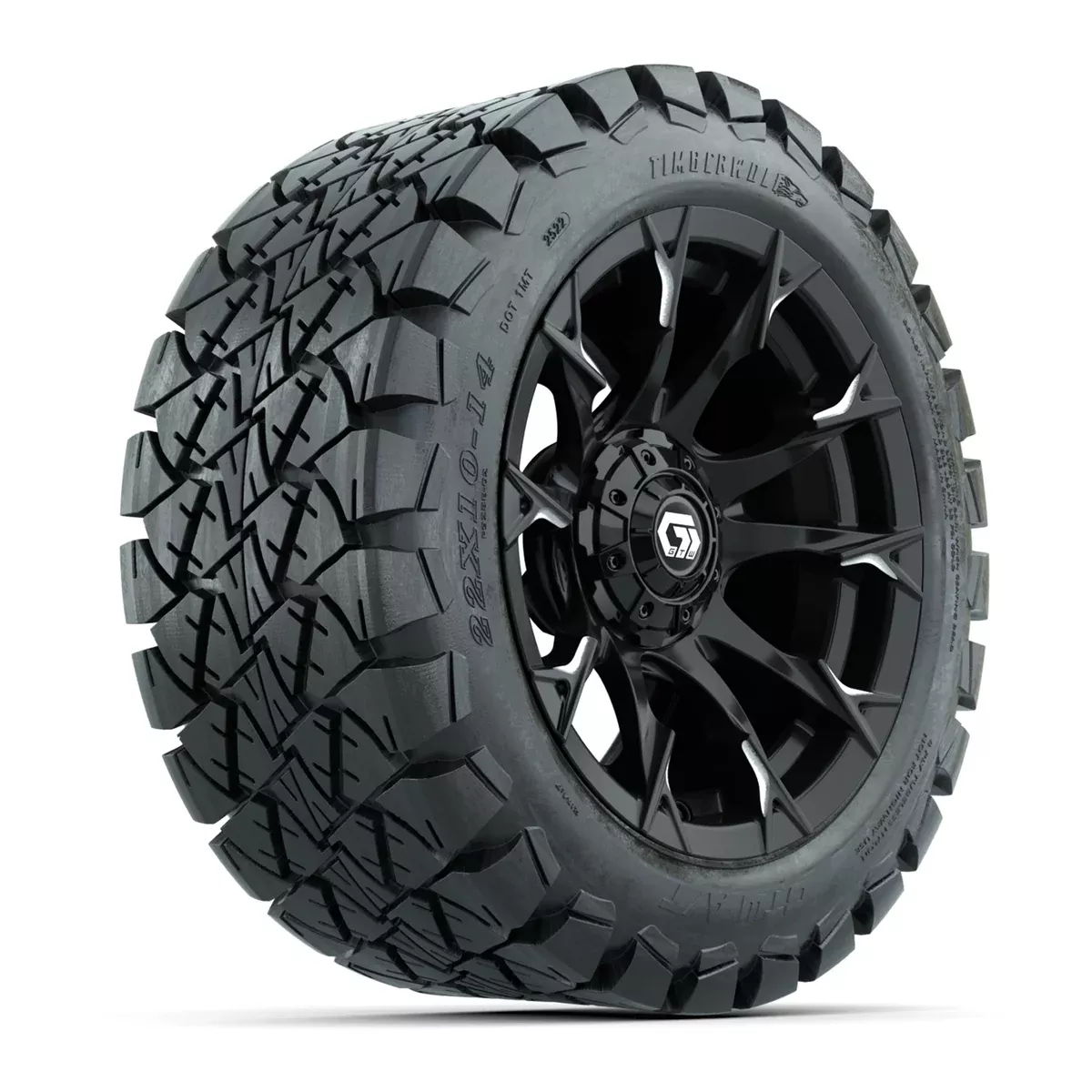GTW Diablo Gloss Black/Machined 14 in Wheels with 22x10-14 Timberwolf All-Terrain Tires Full Set