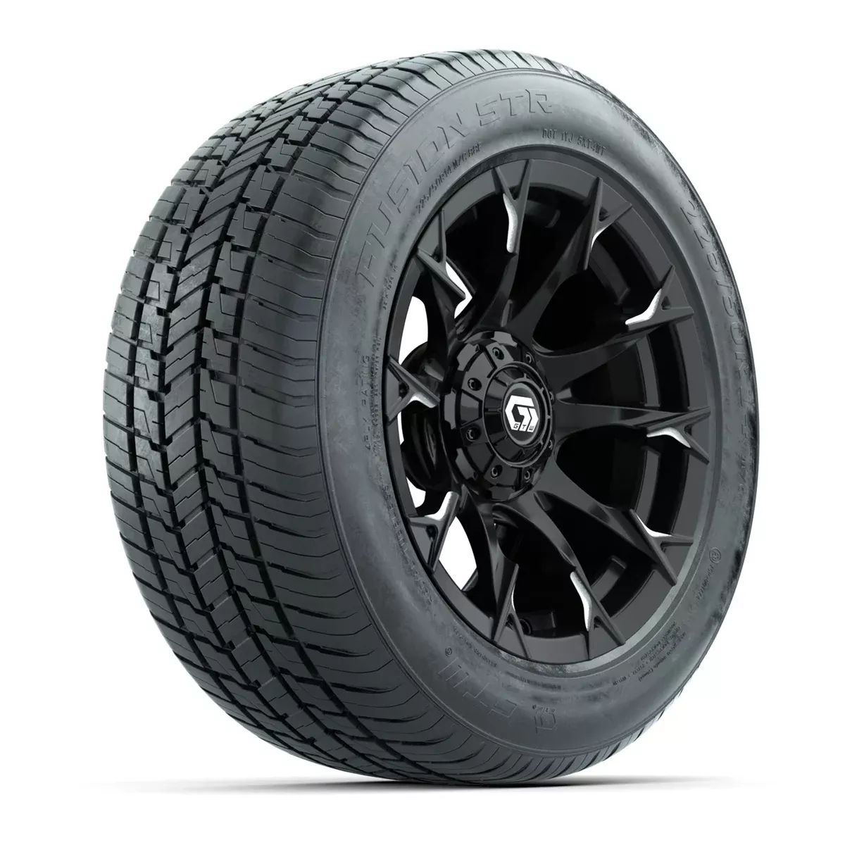 GTW Diablo Gloss Black and Machined 14" Wheels with 225/50-R14 Fusion STR DOT Approved Street Tires - Full Set