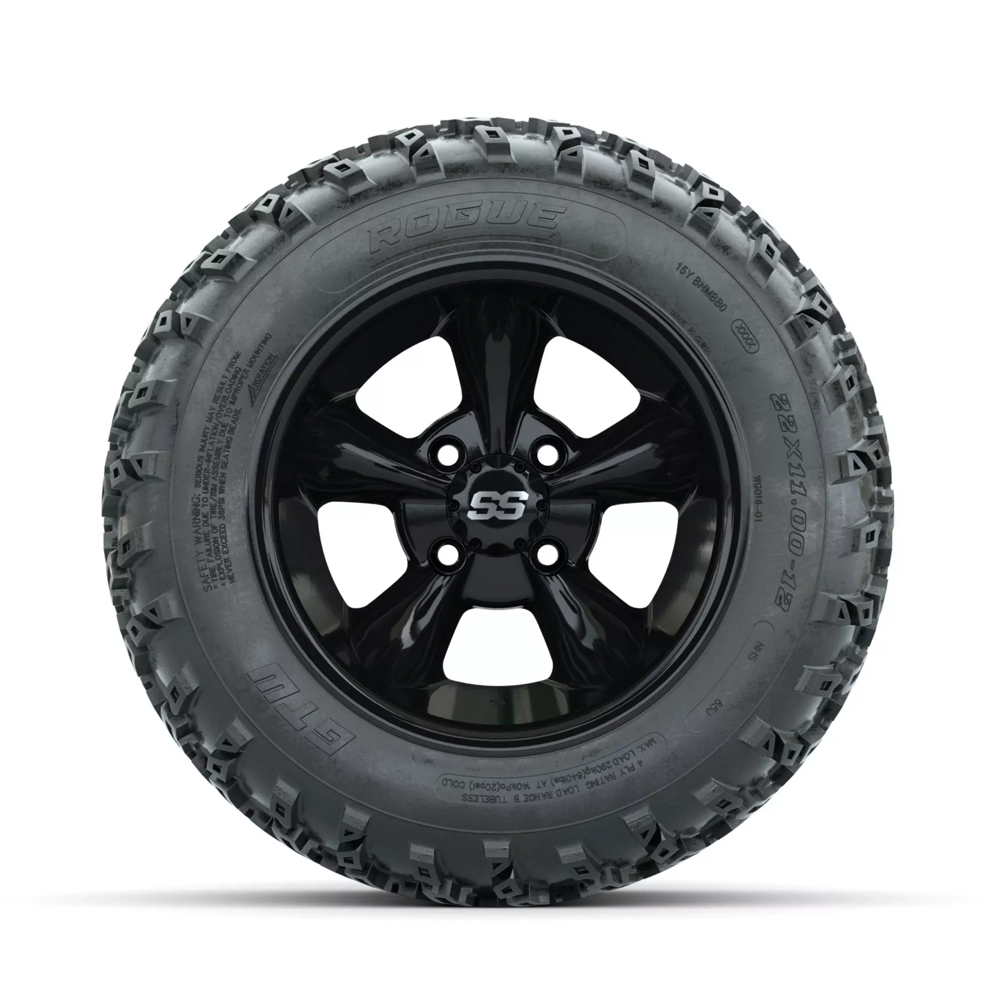 GTW Godfather Black 12" Wheels with 22x11.00-12 Rogue All Terrain Tires Full Set