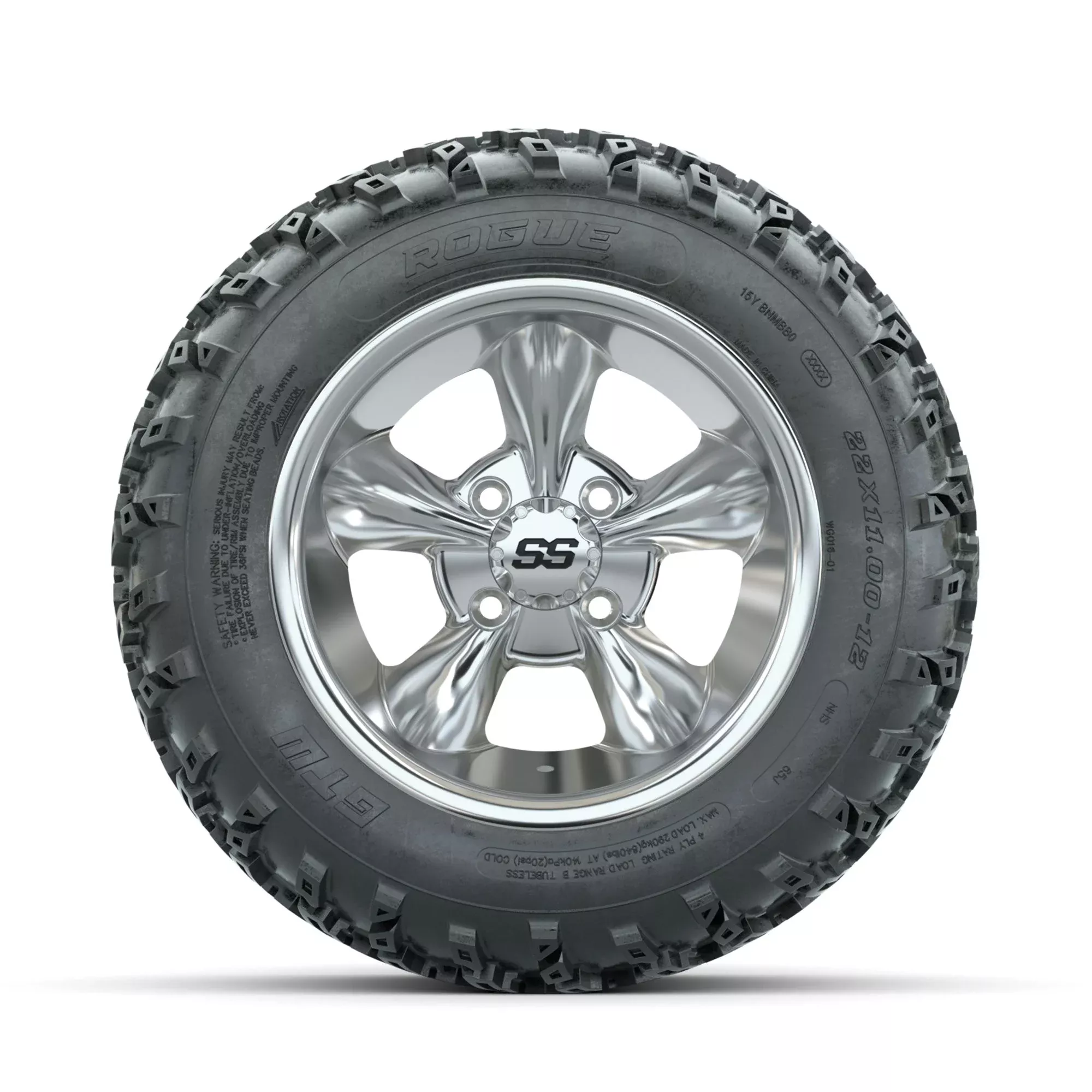 GTW Godfather Chrome 12" Wheels with 22x11.00-12 Rogue All Terrain Tires Full Set