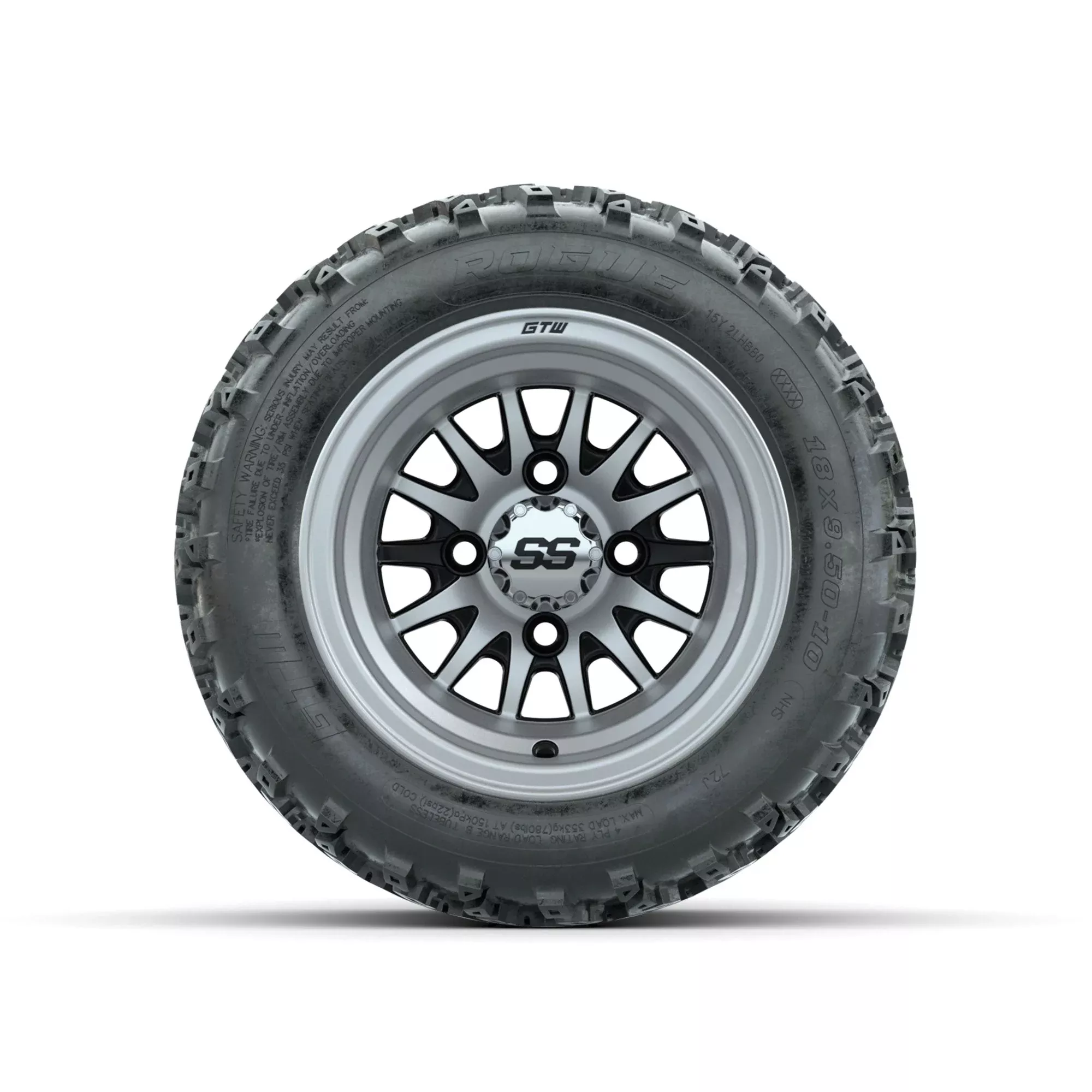 GTW Medusa Machined/Black 10 in Wheels with 18x9.50-10 Rogue All Terrain Tires Full Set