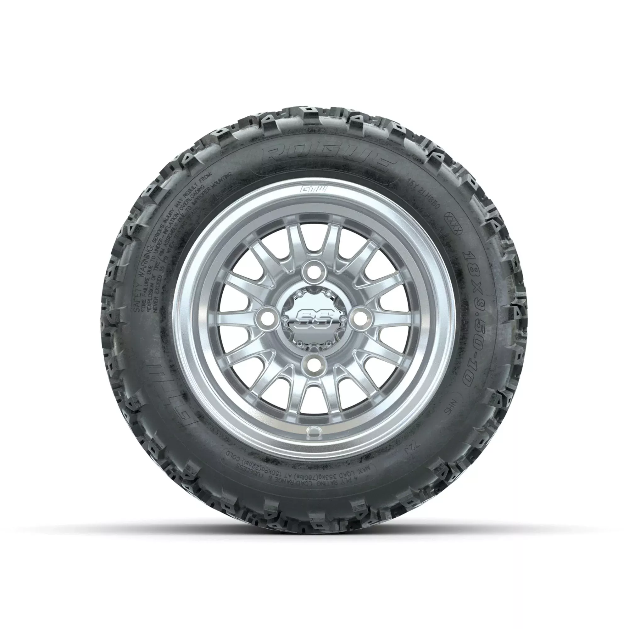 GTW Medusa Machined/Silver 10 in Wheels with 18x9.50-10 Rogue All Terrain Tires Full Set
