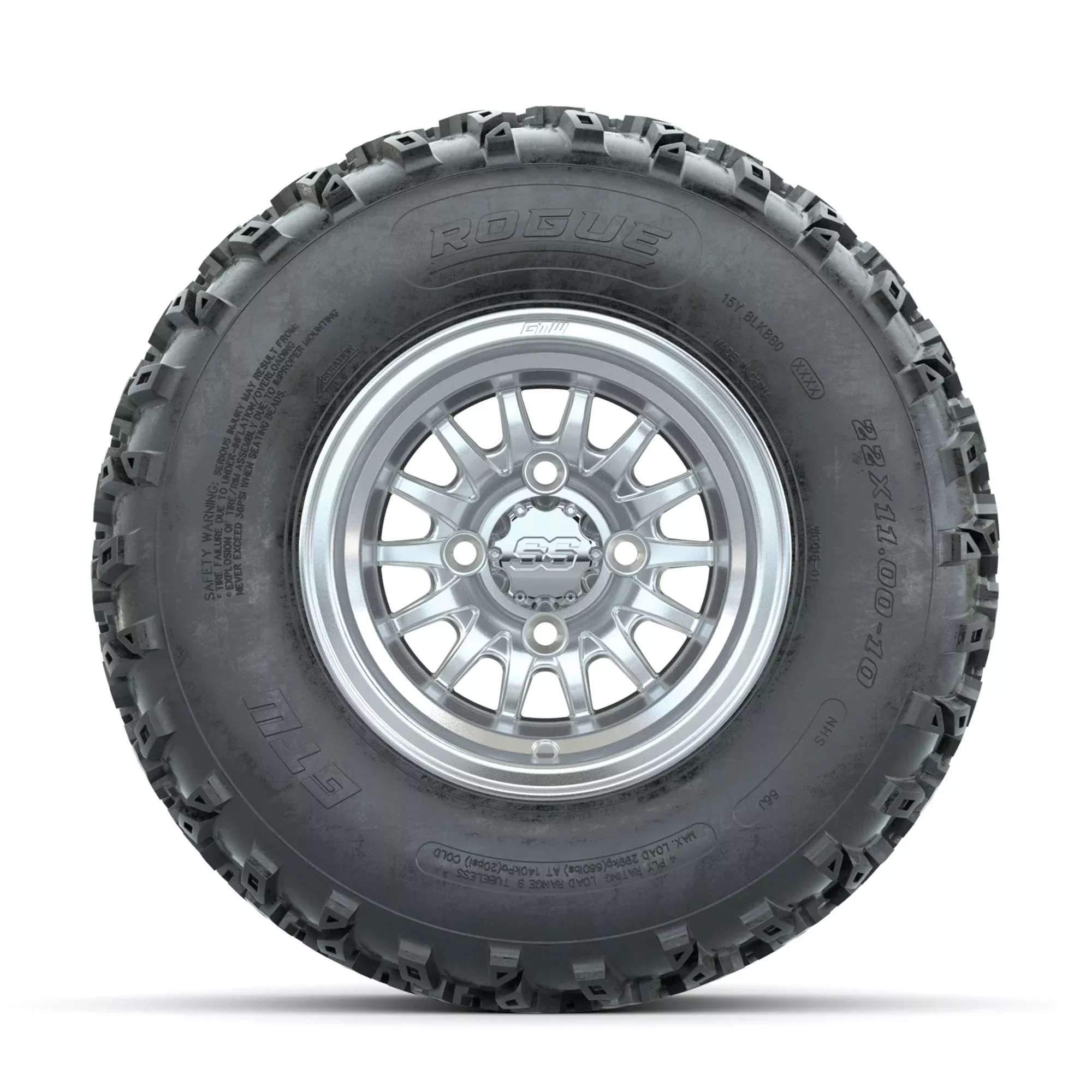 GTW Medusa Machined/Silver 10 in Wheels with 22x11.00-10 Rogue All Terrain Tires Full Set