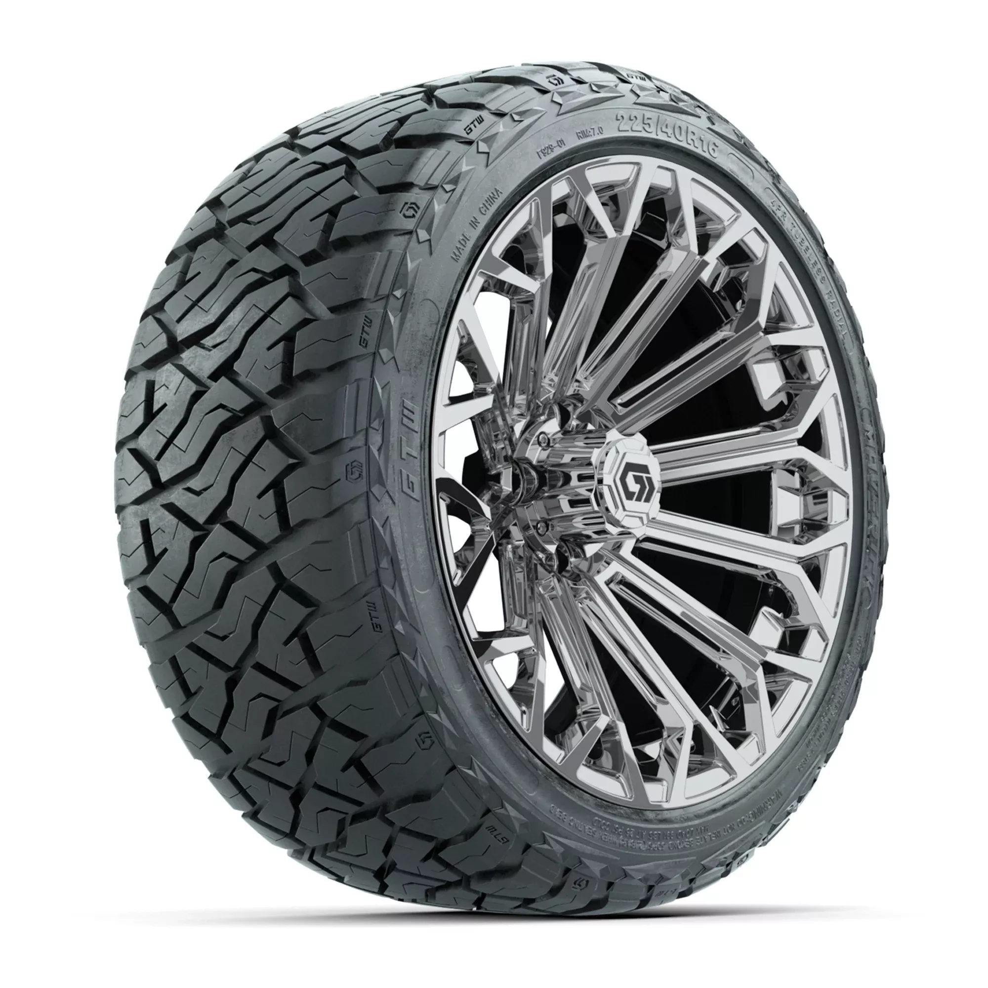 GTW Monaco Chrome 16" Golf Cart Wheels with 225/40-R16 Maverick A/T Tires - Full Set