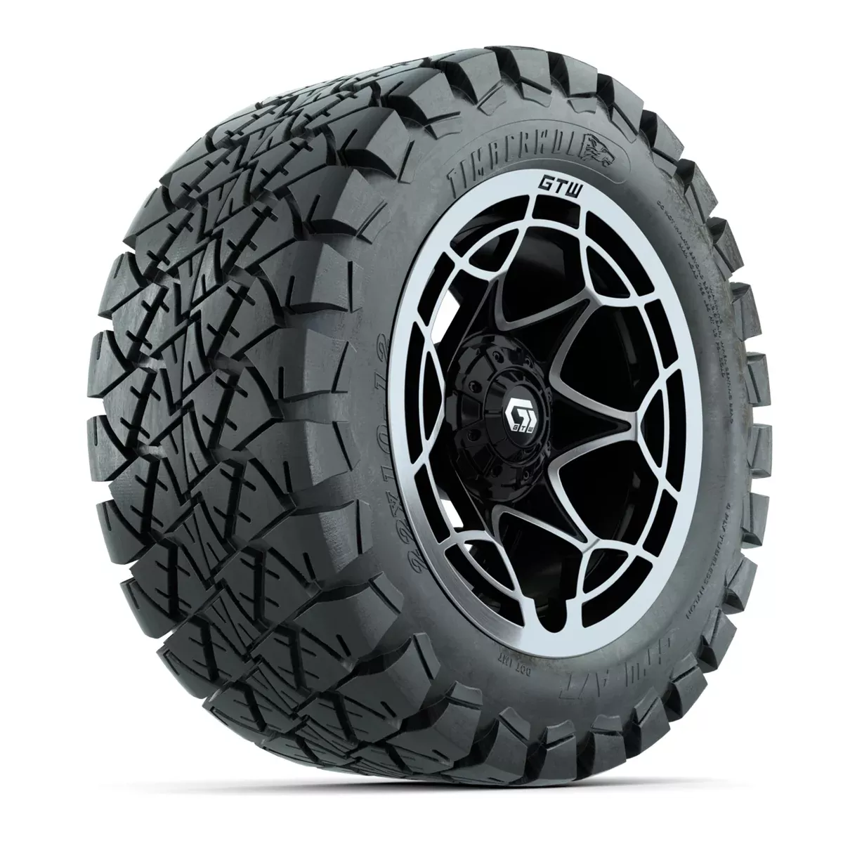 GTW Nexus Gloss Black 12 in Wheels with 22x10-12 Timberwolf All-Terrain Tires Full Set