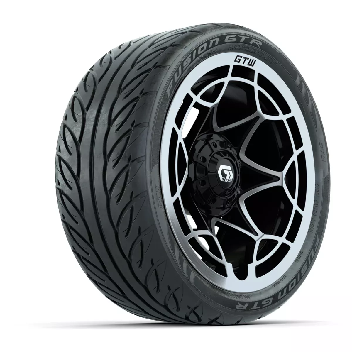 GTW Nexus Gloss Black/Silver 14 in Wheels with 205/40-R14 Fusion GTR Steel Belted Street Tires Full Set